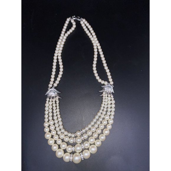 Art Deco Style multi Strand Faux Pearl And Rhinestone Wedding Necklace - Picture 5 of 8